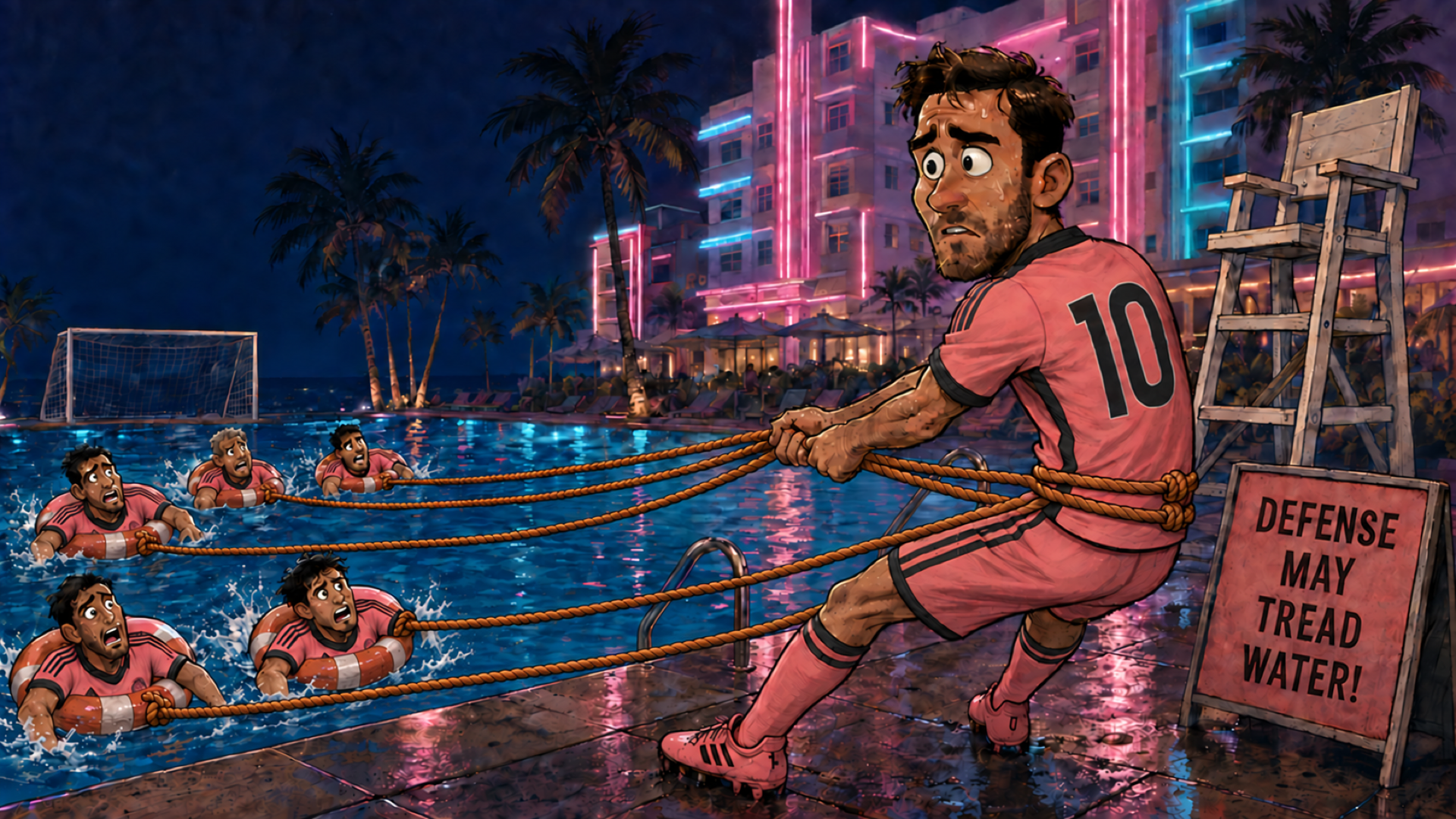 A number 10 player on a Miami pool deck pulls five Inter Miami defenders in life rings toward safety using five rescue ropes.